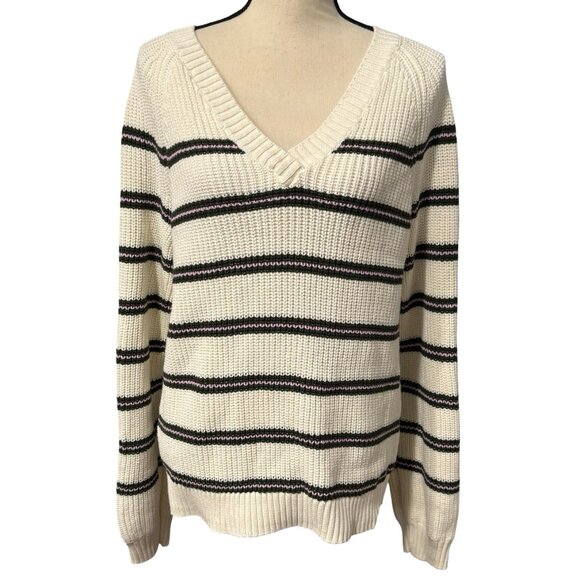Lands' End Cream, Pink & Green Striped V-Neck Sweater Size S - Picture 1 of 4